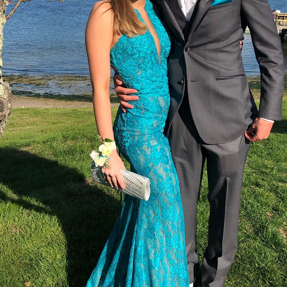 Morilee teal blue prom dress